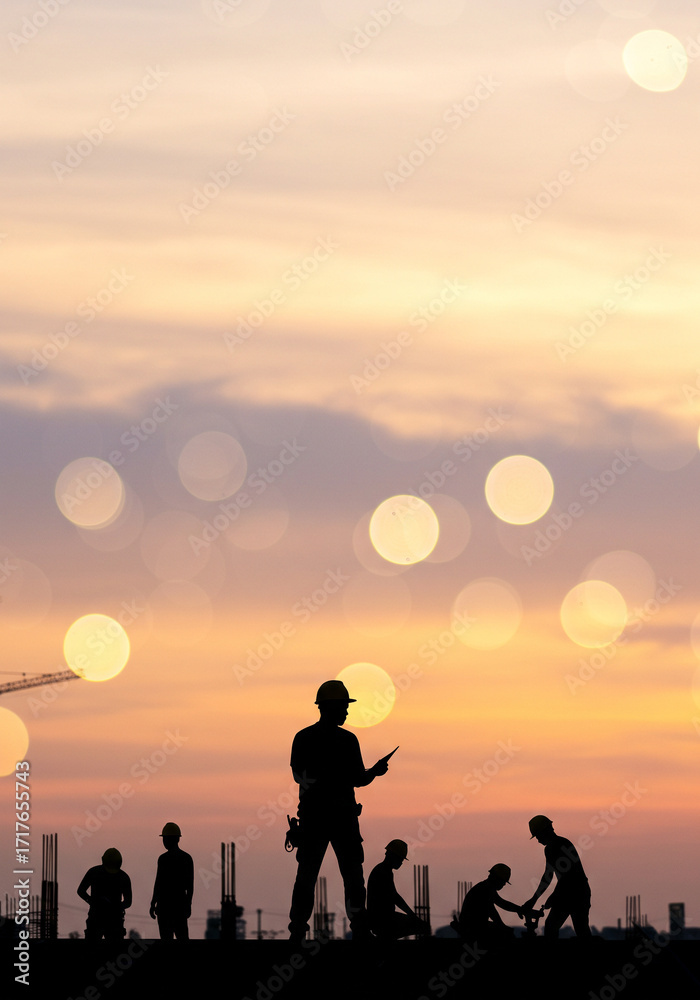 Fototapeta premium Silhouette of Construction Workers at Sunset with Crane and Bokeh Lights