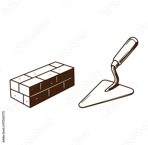Hand drawn illustration of a brick wall and a trowel construction building tools