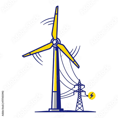 Illustration of a wind turbine generating energy, with power lines connecting to a nearby power pole