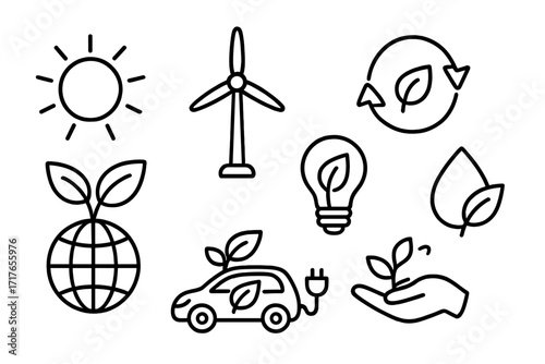 Sustainability symbols renewable energy eco-friendly concepts in line art style, green energy icons including solar, wind turbine, electric car, recycling, and nature conservation vector set