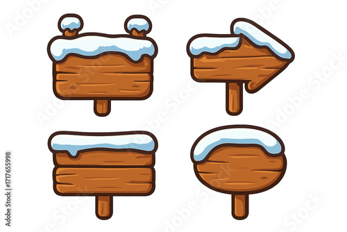 Snow-covered wooden directional signs set, winter rustic signpost collection, cartoon wood signs with thick snow caps, vector seasonal forest signboards, blank wood planks in winter theme