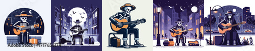 vector musician playing guitar in city street