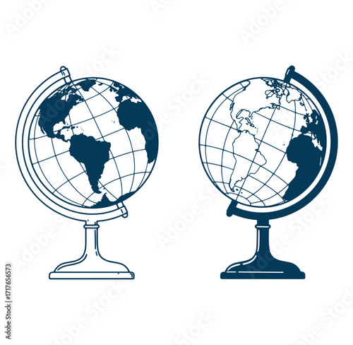 Two detailed vector illustrations of globes depicting continents and world geography