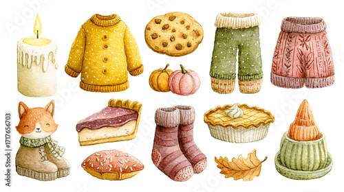 Whimsical watercolor clipart items isolated on white background, elements: lit candle, homemade cookie, pumpkin pie, cozy knitted socks, autumn sweaters, cute fox. Soft glowing light, minimalistic and