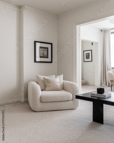 A minimalist living room boasts a cream-colored armchair and a dark coffee table, set against a backdrop of neutral walls and light-colored carpet.