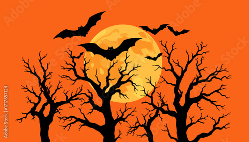 Spooky bats flying against a full moon and twisted trees on an orange background, vibrant Halloween theme