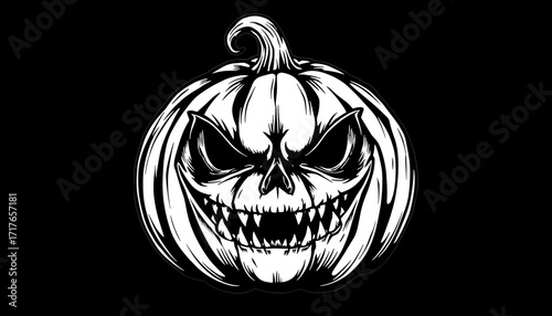 Eerie pumpkin with a menacing grin and sharp teeth, black and white illustration, horror-themed design