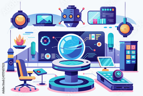Modern digital workspace showing artificial intelligence technology with holographic data analytics and virtual dashboards. A professional working on a laptop surrounded by futuristic AI visualization