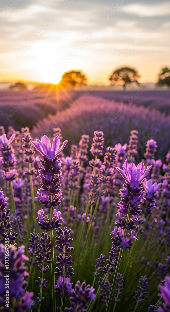 Naklejka premium A vibrant field of lavender blossoms bathed in golden sunlight at sunrise.