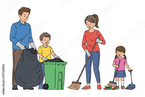 a family with two children working together to clean the yard. plain white background.