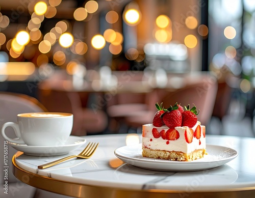 A creamy strawberry shortcake on a marble café table, with a cappuccino cup and a golden fork on the side. Blurred café background with bokeh lights. Luxurious and inviting.