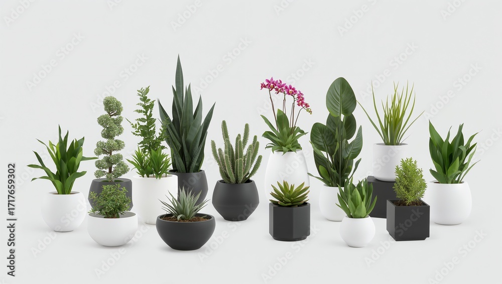 Obraz premium Variety of Potted Plants in Modern Pots