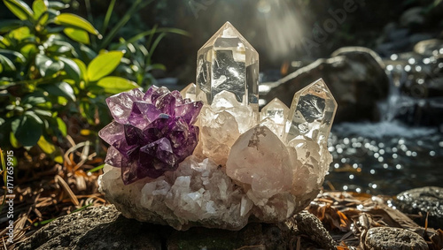 Create an image of a cluster of crystals comprising a vibrant amethyst, a soft rose quartz, and a transparent clear quartz, situated in a natural outdoor setting, 