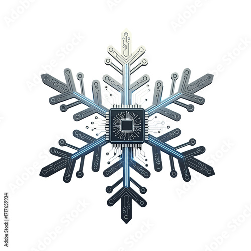Intricate snowflake design featuring a microchip at the center, symbolizing technology and nature's harmony