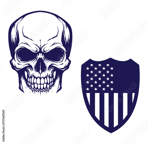 Detailed dark skull and patriotic american shield vector illustration design with white background