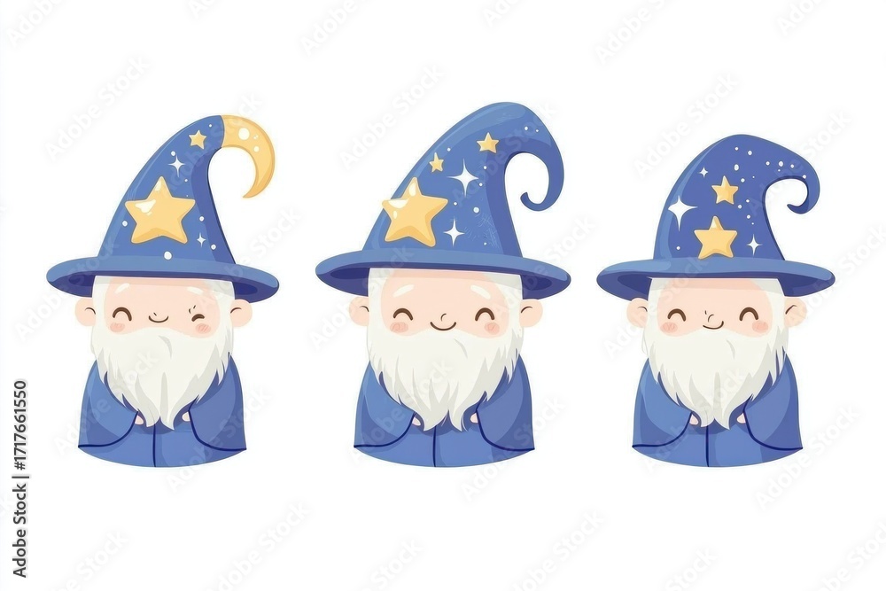 Obraz premium Cute Cartoon Wizards Group Isolated on White. Set of Funny Magicians Isolated on White. 2D Illustration for Your Design. Magicians. Wizards. Cute Wizards Collection Isolated on White