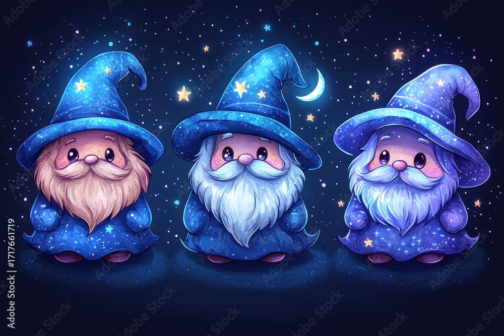 Fototapeta premium Cute Cartoon Wizards Group Isolated . Set of Funny Magicians Isolated . 2D Illustration for Your Design. Magicians. Wizards. Cute Wizards Collection Isolated.