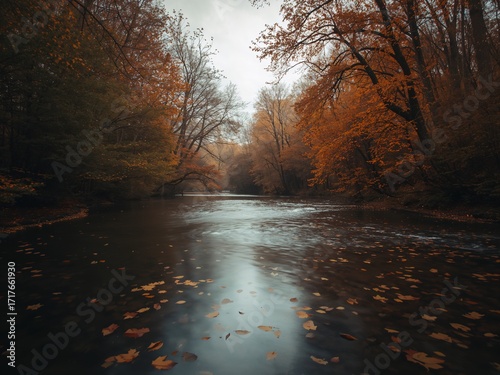 Herbstlicher Fluss mit fallenden Blättern zwischen bunten Bäumen unter grauem Himmel