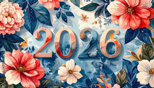 Happy New Year 2026 Floral Decorative Pattern