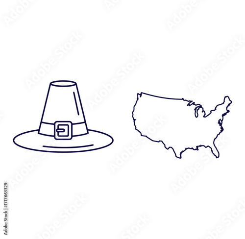 Thanksgiving pilgrim hat and outline of the united states of america vector illustration