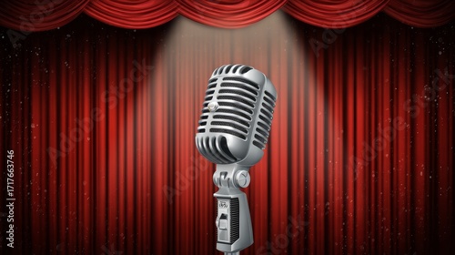 Retro cardioid microphone on gray stage curtain with spotlight, vector illustration for live entertainment, comedy club, karaoke, theatre play, singing performance, restaurant and bar nightlife