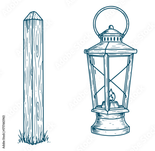 Vintage engraved illustration featuring a wooden post and lantern with a glowing flame