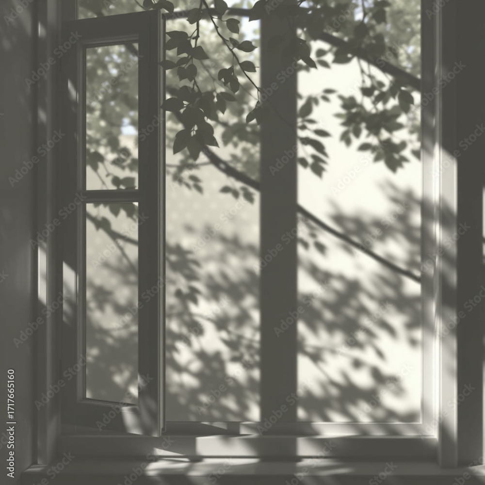 Fototapeta premium shadow overlay effects of realistic window and tree branch shadow with light blur on transparent background,Summer sunlight and shadow overlay effect