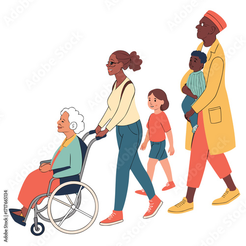 Family Gathering Illustration: A heartwarming illustration captures a diverse family, strolling together and embodying connection, support, and togetherness. This image creates feeling of unity.