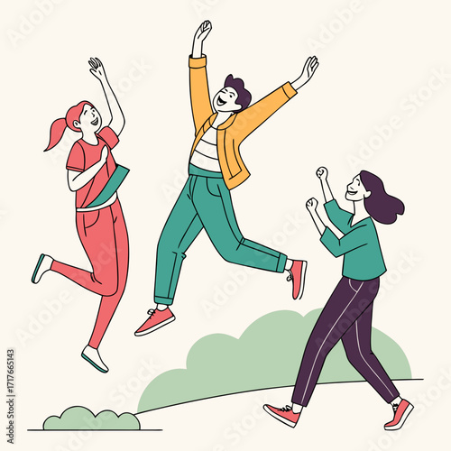 Joyful Leap: A vibrant illustration capturing a moment of pure elation and carefree joy as three individuals leap into the air. Embrace the spirit of positivity and adventure.
