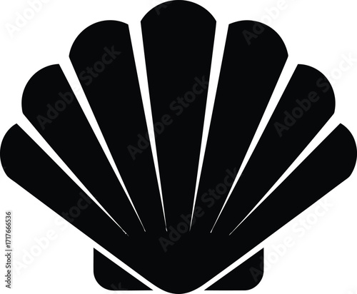 Silhouette of a scallop shell, a common marine bivalve mollusk, in black color.