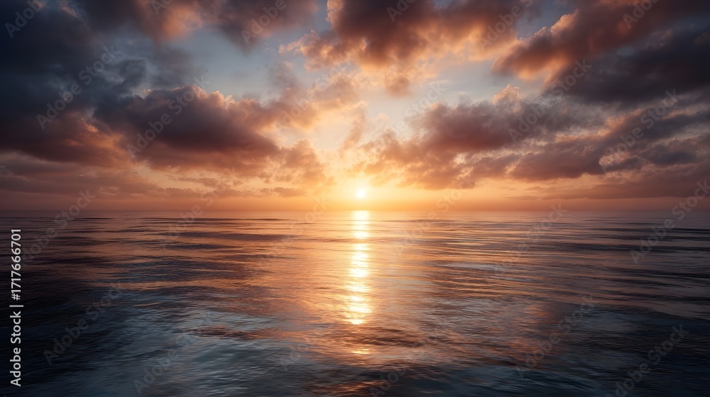 Fototapeta premium Serene sunset over a calm ocean casting a golden reflection on the water under dramatic colorful clouds