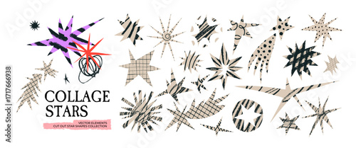 Cut out irregular star shapes for collages and zine design. Funky figures with scribbles, crayon doodles and texture patterns.