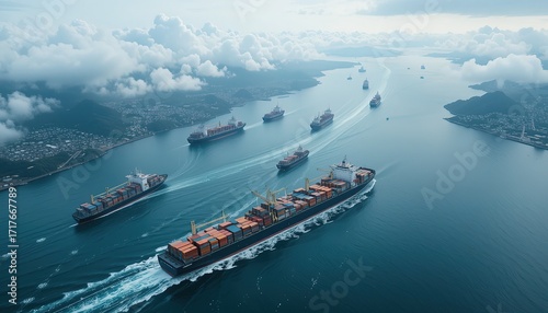 Mega Container Ship and Futuristic Red Bridge