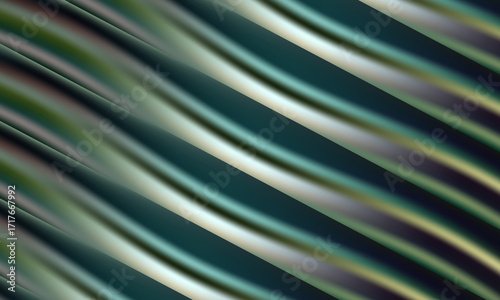 Abstract flowing iridescent waves of metallic green and silver create a luxurious and dynamic visual texture with subtle color shifts