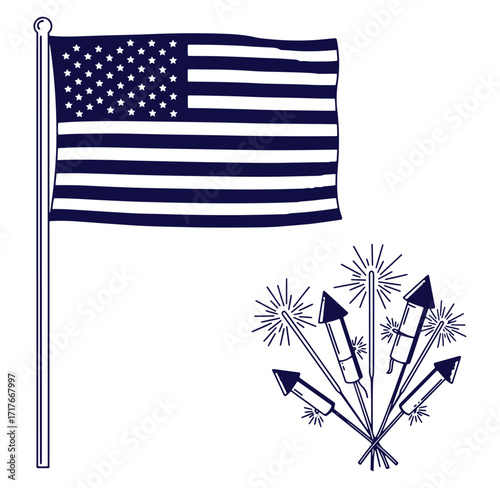 American flag and fireworks celebrate independence day in patriotic vector illustration