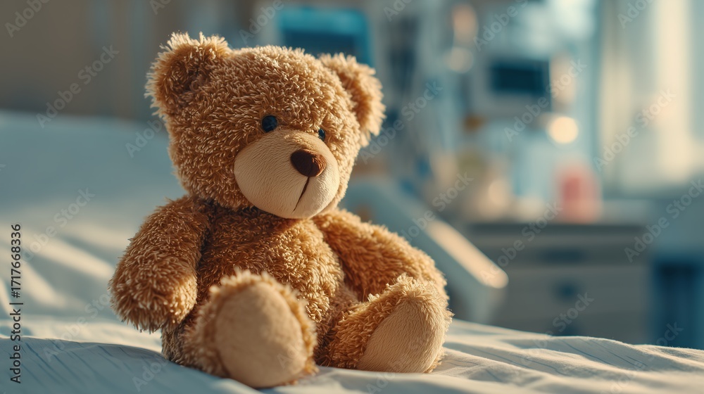 Obraz premium Brown teddy bear sits on a hospital bed with medical equipment blurred in the background. Concept for pediatric ward, emotional support and illness recovery