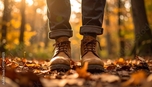 Person's feet in brown boots on autumn leaves