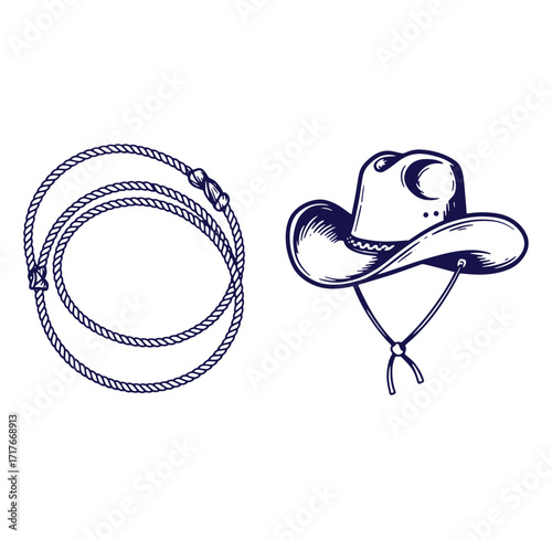 Cowboy hat lasso rope western vintage style isolated on white background design
