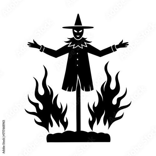 Silhouette of a witch figure on a stake surrounded by flames of fire