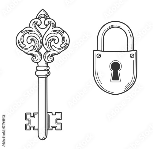 Elegant antique key and padlock illustration in intricate black and white design