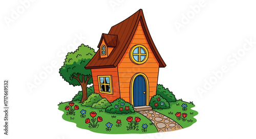 Whimsical cartoon cottage nestled among vibrant flowers and lush greenery, inviting imagination and cozy comfort