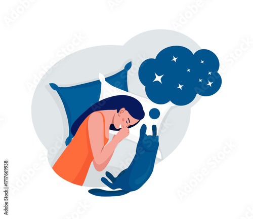 Woman sleeping at night with cat. Girl sleep in bed on pillow under duvet. Peaceful dream and relax. Resting time and comfortable relaxation. Sweet dreams, good health