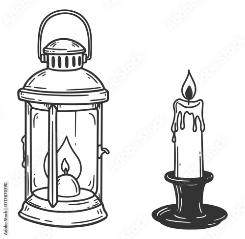 Hand drawn illustration of a vintage lantern and a burning candle on a white background.