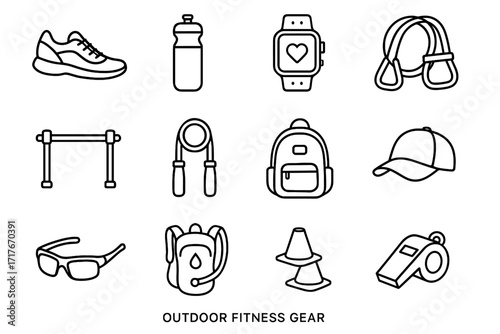 Bottle icons whistle resistance shoes vector fitness icon hydration sunglasses pack backpack