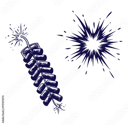 Hand-drawn vintage firecracker vector illustration depicting a chain of explosive firework elements