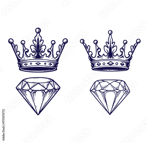 Intricate hand drawn royal crown and diamond gem illustration on white background