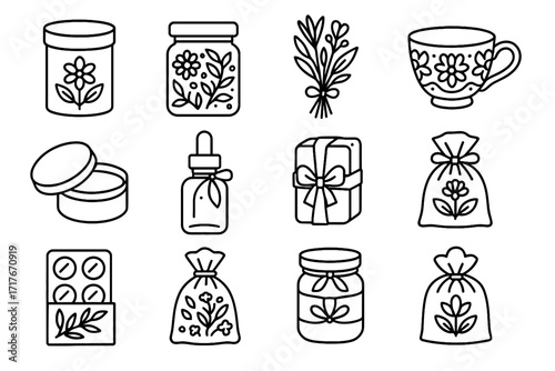 Floral herbal gift jar tin herb tied vector wrapped balm icon
