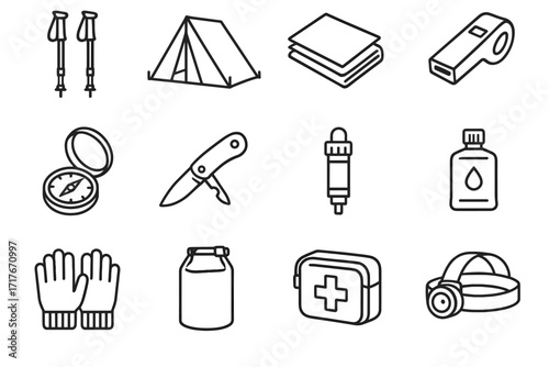 Knife icon tent headlamp blanket vector filter emer water folding bag hiking