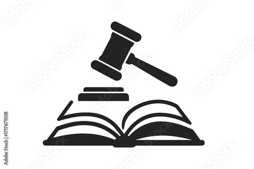 Gavel on law book. Legal code, legislation, constitution concept. Judge hammer, court, auction icon. Justice, judgment, verdict, sentence symbol. Authority and rights vector.