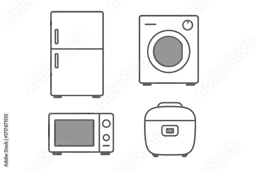 Home appliances vector icon set. Simple line art illustration. Refrigerator, washing machine, microwave, rice cooker. Kitchen electronics and laundry equipment concept collection.